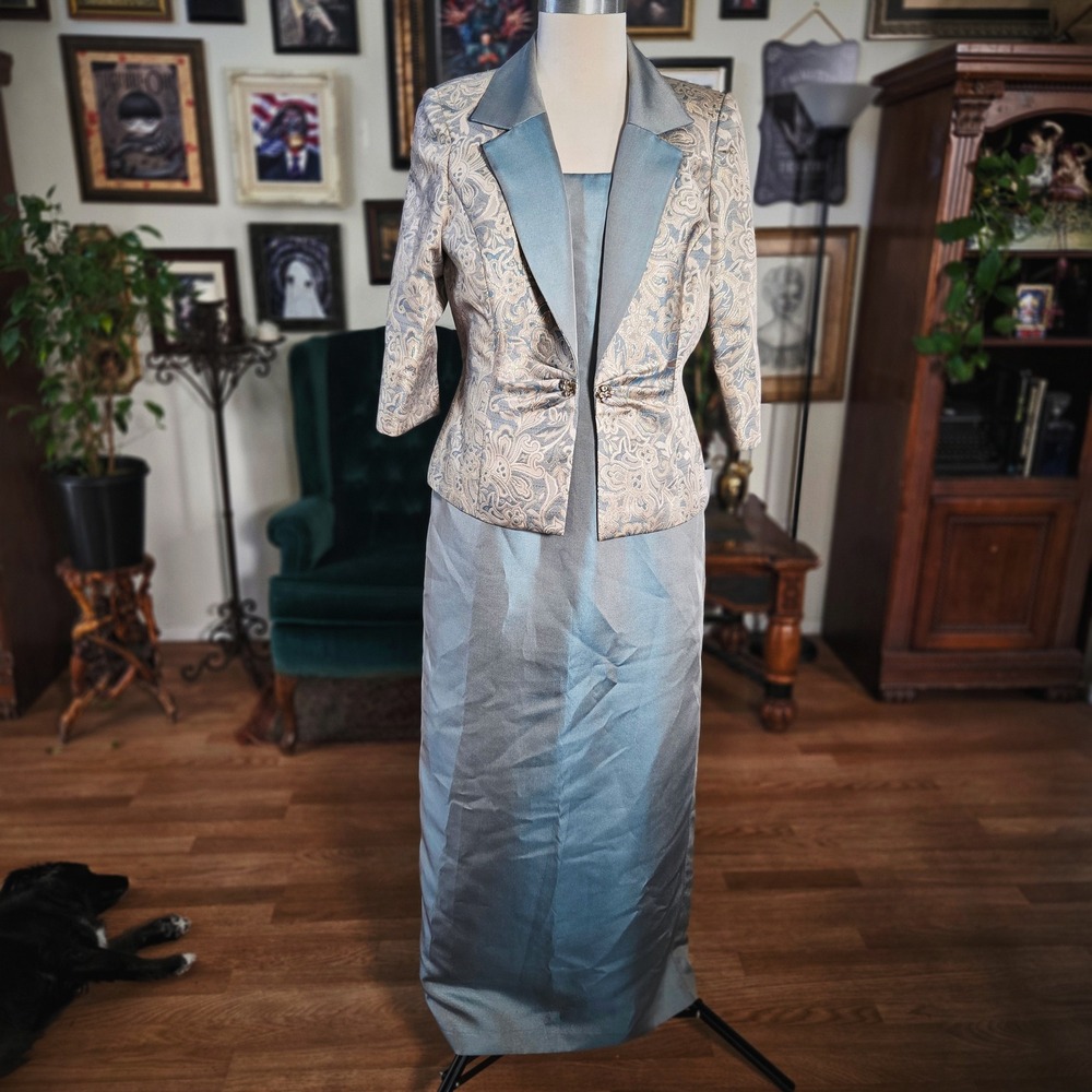 Vintage Y2K Alex Evenings Brocade Dress Suit Set Blue Formal Mother Wedding - Picture 2 of 8